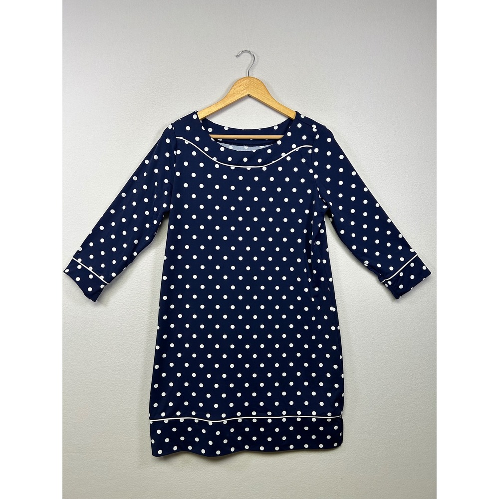 Retro Nautical Lands End Womens M Navy‎ Blue Polka Dot 3/4 Sleeve Shift Dress